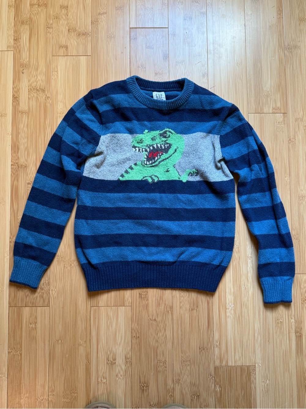 GAP Blue & Navy Striped Kids Sweater with Green Dino Graphic